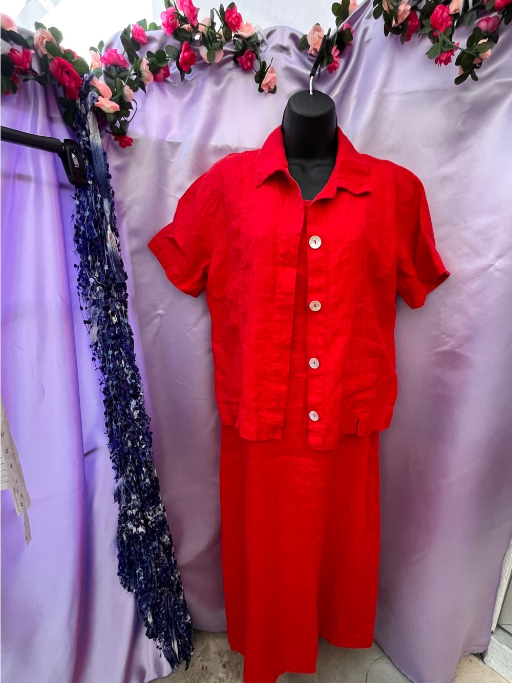 Red Linen Maxi Dress with Button-Front Jacket